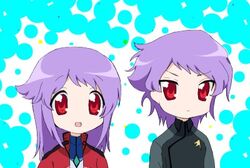  1boy anew_returner aucie commentary_request female gundam gundam_00 innovators_(gundam_00) lowres lucky_star parody purple_hair red_eyes revive_revival 