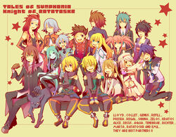  6+boys 6+girls alice_(tales) aqua_(tales) bad_id bad_pixiv_id character_name colette_brunel commentary_request conoha decus_(tales) emil_castagnier everyone fujibayashi_sheena genis_sage kratos_aurion lloyd_irving marta_lualdi multiple_boys multiple_girls pantyhose presea_combatir raine_sage red_shirt regal_bryan richter_abend shirt tales_of_(series) tales_of_symphonia tales_of_symphonia_knight_of_ratatosk tenebrae_(tales) zelos_wilder 