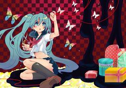  aqua_hair aqua_nails bad_id bad_pixiv_id bug butterfly chonnbo female gift green_eyes hatsune_miku long_hair nail_polish school_uniform scissors serafuku sitting skirt socks solo spring_onion string tears twintails very_long_hair vocaloid 