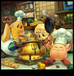  ^_^ apron baguette bell_pepper bone bread broccoli capsicum carrot cauldron cheese chef chef_hat chef_kawasaki chili_pepper closed_eyes commentary_request cook_kirby cooking copy_ability female fire food frying_pan fumu_(kirby) green_eyes green_pepper hat holding holding_saucer jar kirby kirby:_right_back_at_ya kirby_(series) kitchen koki_(ryoushikiha) maxim_tomato meat portable_stove pumpkin red_pepper saucer smile swiss_cheese vegetable ventilation_fan window yellow_pepper 