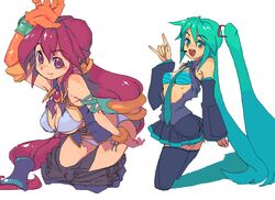  2girls aqua_hair bad_id bad_pixiv_id bikini cropped_legs crossover dark_chronicle hatsune_miku long_hair metata monica_(dark_chronicle) multi-tied_hair multiple_girls oekaki swimsuit thighhighs twintails very_long_hair vocaloid 