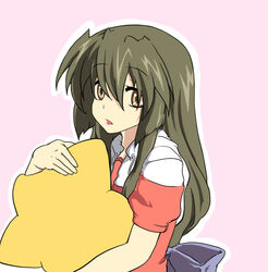  bad_id bad_pixiv_id brown_eyes brown_hair clannad female hood hoodie ibuki_fuuko long_hair nure_senbei pillow solo star_(symbol) 