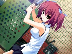  baseball_bat brown_eyes dutch_angle female fumio_(ura_fmo) game_cg hoshiuta imageboard_desourced kuroda_yui non-web_source red_hair shirt short_hair solo taut_clothes taut_shirt twintails 