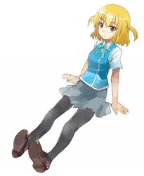  asasow bad_id bad_pixiv_id blonde_hair brown_eyes d-frag! female full_body pantyhose school_uniform shibasaki_roka shoes short_hair short_sleeves sitting skirt solo two_side_up white_background 