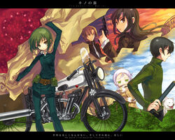  2boys 3girls aibou_(kino_no_tabi) androgynous bad_id bad_pixiv_id black_hair brough_superior canine coat flower green_eyes green_hair gun handgun hermes_(kino_no_tabi) kino_(kino_no_tabi) kino_no_tabi letterboxed motor_vehicle motorcycle multiple_boys multiple_girls renta_(deja-vu) reverse_trap revolver riku_(kino_no_tabi) shishou_(kino_no_tabi) shizu_(kino_no_tabi) sword tea_(kino_no_tabi) weapon 