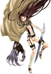  ankle_wrap bad_id bad_pixiv_id bandages barefoot brown_hair cape chun_hyang_(shin_angyou_onshi) coco_(nattou) feet female legs revealing_clothes sando shin_angyou_onshi solo sword toeless_legwear toes weapon wrist_wrap 