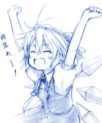  :d \o/ arms_up blue_theme cirno closed_eyes commentary_request female mei_(artist) monochrome open_mouth outstretched_arms photoshop_(medium) sketch smile solo touhou translation_request 