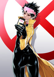  1girls 2ngaw asian ass black_hair bodysuit cellphone clothing coat cute_fang earrings electronics eyewear female female_only gloves humanoid jubilation_lee jubilee looking_back marvel marvel_comics mutant outerwear pale_skin red_eyes selfie short_hair skin_tight smile solo sunglasses sunglasses_on_head vampire x-men 