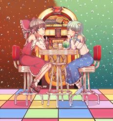  2girls bad_id bad_pixiv_id bow brown_eyes brown_hair candy chair closed_eyes coca-cola cream_(nipakupa) detached_sleeves drinking_straw eating flower food frog_hair_ornament green_hair hair_flower hair_ornament hair_tubes hairbow hakurei_reimu head_rest ice_cream ice_cream_float jelly_bean jukebox kochiya_sanae long_skirt melon_soda multiple_girls product_placement sitting skirt snake_hair_ornament table touhou 