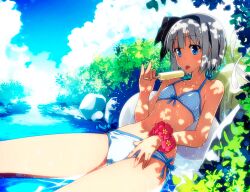  bikini black_hairband blue_eyes blush cloud commentary_request dappled_sunlight day female flat_chest flower food grey_hair hairband holding konpaku_youmu konpaku_youmu_(ghost) navel polka_dot polka_dot_bikini popsicle sazanami_mio short_hair sitting solo sunlight swimsuit tongue tongue_out touhou tree_shade water wet white_bikini 