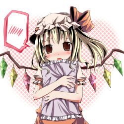  blonde_hair blush bow commentary_request crystal female flandre_scarlet frilled_pillow frills hat hat_bow hug hugging_object kazura oerba_yun_fang open_mouth pillow pillow_hug puffy_sleeves red_eyes short_hair short_sleeves side_ponytail solo spoken_blush touhou wings 