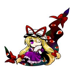  blonde_hair chibi commentary_request dress female gap_(touhou) hair_ribbon hand_fan hat hat_ribbon long_hair one_eye_closed open_mouth purple_dress purple_eyes ribbon sitting smile socha solo touhou yakumo_yukari 