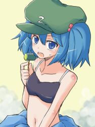  blue_eyes blue_hair blush collarbone commentary_request cucumber female hair_bobbles hair_ornament hat jack_(wkm74959) kawashiro_nitori navel open_mouth solo sweatdrop touhou two_side_up 