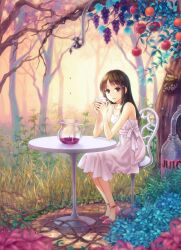  apple brown_eyes brown_hair chair commentary_request cup dress dripping faucet female food fruit fruit_tree high_heels highres holding jug_(bottle) juice long_hair looking_at_viewer original pink_footwear sandals shoes sitting smile solo sundress table tree yamigo 