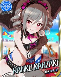  2girls artist_request bikini blitzen bow card_(medium) character_name eve_santaclaus gem_(symbol) gloves grey_hair headdress idolmaster idolmaster_cinderella_girls kanzaki_ranko midriff multiple_girls navel official_art parasol pink_eyes reindeer smile solo_focus sweat swimsuit thighhighs twintails umbrella 