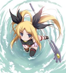  bad_id bad_pixiv_id bardiche_(assault_form)_(nanoha) bardiche_(nanoha) black_eyes black_thighhighs blonde_hair blush fate_testarossa fate_testarossa_(original_form) female from_above gloves holding long_hair looking_up lyrical_nanoha magical_girl mahou_shoujo_lyrical_nanoha photoshop_(medium) skirt solo thigh_strap thighhighs twintails weapon yumesato_makura 