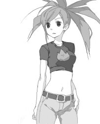  babydoll_t-shirt bad_drawr_id bad_id belt breasts crop_top cropped_shirt denim emunise female flannery_(pokemon) greyscale jeans long_hair medium_breasts midriff monochrome navel oekaki pants pokemon pokemon_rse ponytail solo white_background 