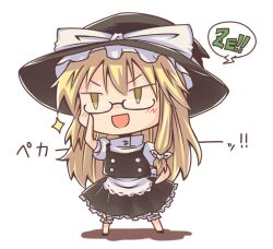  bespectacled blush chibi commentary_request female glasses hat kirisame_marisa lockheart long_hair simple_background smile solo touhou very_long_hair white_background witch_hat ze_(phrase) 