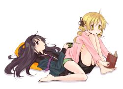  2girls ahoge akemi_homura barefoot black_hair blonde_hair blush book casual commentary_request couple drill_hair food hairband handheld_game_console long_hair lying mahou_shoujo_madoka_magica mahou_shoujo_madoka_magica_(anime) mouth_hold multiple_girls myama necktie on_back pillow playstation_portable pocky reading shorts simple_background sitting sitting_on_person tomoe_mami white_background yuri 