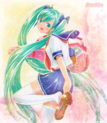  aqua_eyes aqua_hair commentary_request female hatsune_miku long_hair mayo_riyo putting_on_shoes school_uniform serafuku shoe_dangle solo thighhighs traditional_media twintails very_long_hair vocaloid zettai_ryouiki 