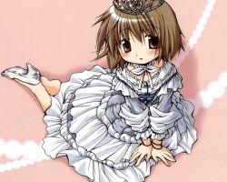  aoki_ume blush brown_eyes brown_hair dress female hair_ornament hairclip hidamari_sketch highres official_art photoshop_(medium) scan shoes single_shoe sitting yuno_(hidamari_sketch) 