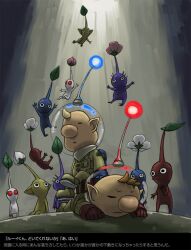  2boys blonde_hair blue_pikmin boy_on_top brown_hair commentary_request falling flower leaf louie_(pikmin) male_focus multiple_boys naru_(wish_field) olimar pikmin_(creature) pikmin_(series) pikmin_2 pointy_ears purple_pikmin red_pikmin sitting spacesuit translation_request white_pikmin yellow_pikmin 