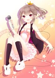  1boy akaimo_satsuma bad_id bad_pixiv_id bow brown_hair crossdressing crown dress english_text full_body goma_(11zihisin) gradient_background hairbow highres long_hair male_focus microphone oerba_yun_fang open_mouth original otoko_no_ko photoshop_(medium) platform_footwear ponytail red_eyes ribbon skirt smile solo 