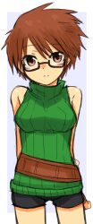  aussa belt bike_shorts brown_eyes brown_hair choutako duel_monster glasses highres short_hair turtleneck yu-gi-oh! yuu-gi-ou_duel_monsters 