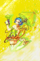  bare_shoulders blue_hair c.c._lemon c.c._lemon_(character) commentary_request edenfox female food fruit gloves green_eyes highres lemon looking_back nail_polish parasol photoshop_(medium) short_hair signature solo thighhighs toenail_polish toenails umbrella 