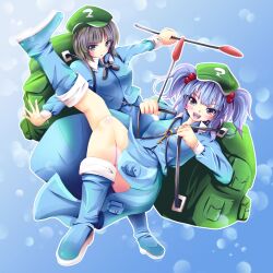  2girls azusayumi_meme backpack bad_id bad_pixiv_id bag black_hair blue_hair blush dark_haired_kappa green_eyes hair_bobbles hair_ornament hat kappa_mob_(touhou) kawashiro_nitori key long_sleeves multiple_girls open_mouth photoshop_(medium) puffy_sleeves reeds short_hair touhou two_side_up 