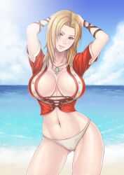  arms_up bad_id bad_pixiv_id beach bikini bikini_bottom_only blonde_hair blue_eyes breasts contrapposto day dead_or_alive female hip_focus jewelry large_breasts long_hair looking_at_viewer navel necklace outdoors smile solo standing swimsuit thighs tina_armstrong vasily_(run211) white_bikini 