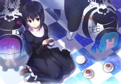  black_hair blue_eyes checkered_floor commentary_request cup dress female kuonji_alice mahou_tsukai_no_yoru saucer shirabi short_hair sitting solo teacup tweedledee_(alice_in_wonderland) tweedledum_(alice_in_wonderland) wariza 