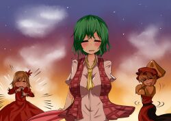  3girls aki_minoriko aki_shizuha arms_behind_back ascot blowing blush breasts closed_eyes commentary_request green_hair hair_ornament hat kazami_yuuka large_breasts leaf maple_leaf multiple_girls rivalry short_hair siblings sisters takorice touhou umbrella vest 