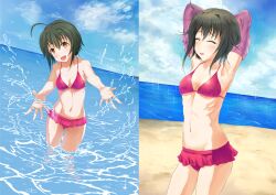  ahoge armpits arms_behind_head arms_up bad_id bad_pixiv_id beach bikini bikini_skirt black_hair brown_eyes closed_eyes commentary_request day female idolmaster idolmaster_cinderella_girls kenshin_(kenshin3) kohinata_miho navel outdoors red_bikini short_hair splashing swimsuit wading water 