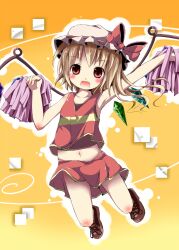  blonde_hair blush cheerleader commentary_request female flandre_scarlet hat kazura navel oerba_yun_fang open_mouth pom_pom_(cheerleading) red_eyes skirt smile solo touhou wings 