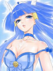  aoki_reika bare_shoulders blue_eyes blue_hair blue_theme bow breasts choker cleavage commentary_request cure_beauty female hair_tubes head_wings highres large_breasts lips looking_at_viewer precure rasukaru smile_precure solo tiara wings 