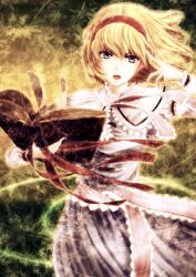  alice_margatroid alicia_(schrdingerscat) arm_up blonde_hair blue_dress blue_eyes book capelet commentary_request dress female grimoire grimoire_of_alice hairband leaf looking_at_viewer open_mouth photoshop_(medium) puppet_strings ribbon sash short_hair solo touhou wind 