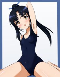  arm_behind_head arm_up armpits ass_visible_through_thighs barefoot black_hair blue_border blue_one-piece_swimsuit blue_ribbon blunt_bangs blush border breasts brown_eyes collarbone commentary_request female gradient_eyes hair_ribbon hattori_shizuka head_tilt high_ponytail highres long_hair looking_at_viewer multicolored_eyes narrow_waist one-piece_swimsuit open_mouth outside_border ponytail ribbon school_swimsuit shiny_skin sidelocks simple_background sitting small_breasts solo spread_legs straight_hair strike_witches surprised swimsuit thighs tokiani wariza white_background wide_hips world_witches_series yellow_eyes 