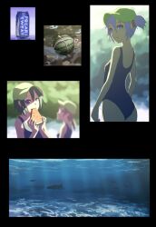  3girls anime_coloring bad_id bad_pixiv_id blue_eyes blue_hair brown_hair can eating fish food fruit green_hair hair_bobbles hair_ornament hat kappa_mob_(touhou) kawashiro_nitori kurione_(zassou) long_hair looking_back montage multiple_girls one-piece_swimsuit pocari_sweat ponytail short_hair swimsuit touhou underwater watermelon 