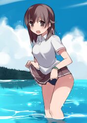  :d bad_id bad_pixiv_id bracelet brown_eyes brown_hair clothes_lift cloud day female hair_ornament hairclip jewelry kyouno_madoka long_hair mizuki_(koko_lost) open_mouth pleated_skirt rinne_no_lagrange school_uniform skirt skirt_lift sky smile solo swimsuit swimsuit_under_clothes wading water 