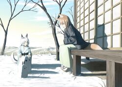  animal_ears brown_eyes brown_hair closed_eyes cloud commentary_request day female fox_ears fox_tail grass hill japanese_clothes kimono kitsune original outdoors sakais3211 sandals shouji sky sliding_doors smile snow snowman socks solo tail tree white_hair 