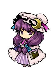  book chibi commentary_request female full_body hair_ribbon hat moon patchouli_knowledge purple_eyes purple_hair ribbon short_twintails socha solo touhou transparent_background twintails 