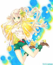  :d belt blonde_hair bubble c.c._lemon c.c._lemon_(character) character_name commentary_request copyright_name female green_eyes green_shorts hair_bobbles hair_ornament looking_at_viewer open_mouth outstretched_arm shorts side_ponytail smile solo yamigo 