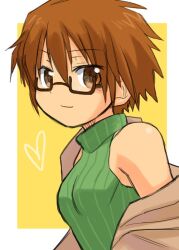  aussa brown_eyes brown_hair choutako duel_monster female glasses heart short_hair turtleneck yu-gi-oh! yuu-gi-ou_duel_monsters 