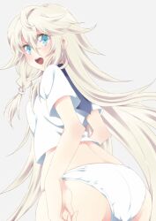  :d ass back bad_id bad_pixiv_id blue_eyes braid cowboy_shot crop_top female flipped_hair from_side fukagawa_kazumi grey_background hair_between_eyes hip_focus ia_(vocaloid) long_hair looking_at_viewer looking_back no_pants open_mouth panties school_uniform serafuku shirt short_sleeves side_braid sidelocks simple_background smile solo twin_braids underwear very_long_hair vocaloid white_hair white_panties 