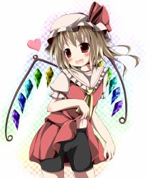  ascot bike_shorts blonde_hair blush clothes_lift commentary_request female flandre_scarlet hat kazura navel oerba_yun_fang open_mouth red_eyes side_ponytail skirt skirt_lift smile solo touhou wings 