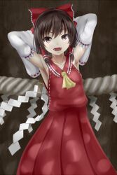  armpits arms_behind_head ascot bad_id bad_nicoseiga_id bow brown_eyes brown_hair detached_sleeves female hair_tubes hairbow hakurei_reimu heisei_yutorin open_mouth rope shimenawa solo touhou 