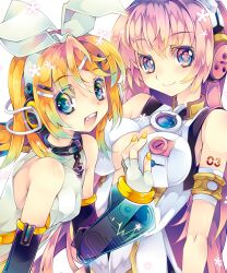  2girls arm_warmers bad_id bad_pixiv_id blonde_hair blue_eyes hair_ornament hair_ribbon hairclip headphones kagamine_rin kagamine_rin_(append) long_hair looking_at_viewer megurine_luka multiple_girls nail_polish open_mouth photoshop_(medium) pink_hair ribbon sana.c short_hair smile symbol-shaped_pupils vocaloid vocaloid_append yellow_nails 