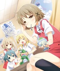  &gt;_&lt; 4girls blonde_hair blue_eyes blue_hair blush brain_freeze brown_hair closed_eyes commentary_request food hidamari_sketch holding ice miyako_(hidamari_sketch) mouth_hold multiple_girls nazuna_(hidamari_sketch) nori_(hidamari_sketch) open_mouth resized school_uniform shaved_ice spoon ume-sensei yume_no_owari yuno_(hidamari_sketch) 