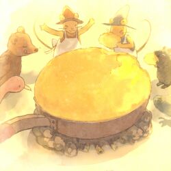  :d animal apron bad_id bad_pixiv_id bear bird cake castella_(food) closed_eyes clothed_animal cooking eating food food_focus frying_pan gura_(guri_to_gura) guri_(guri_to_gura) guri_to_gura hat mouse_(animal) mouse_tail no_humans open_mouth outstretched_arms pon_(cielo) siblings smile spread_arms tail tongue twins 